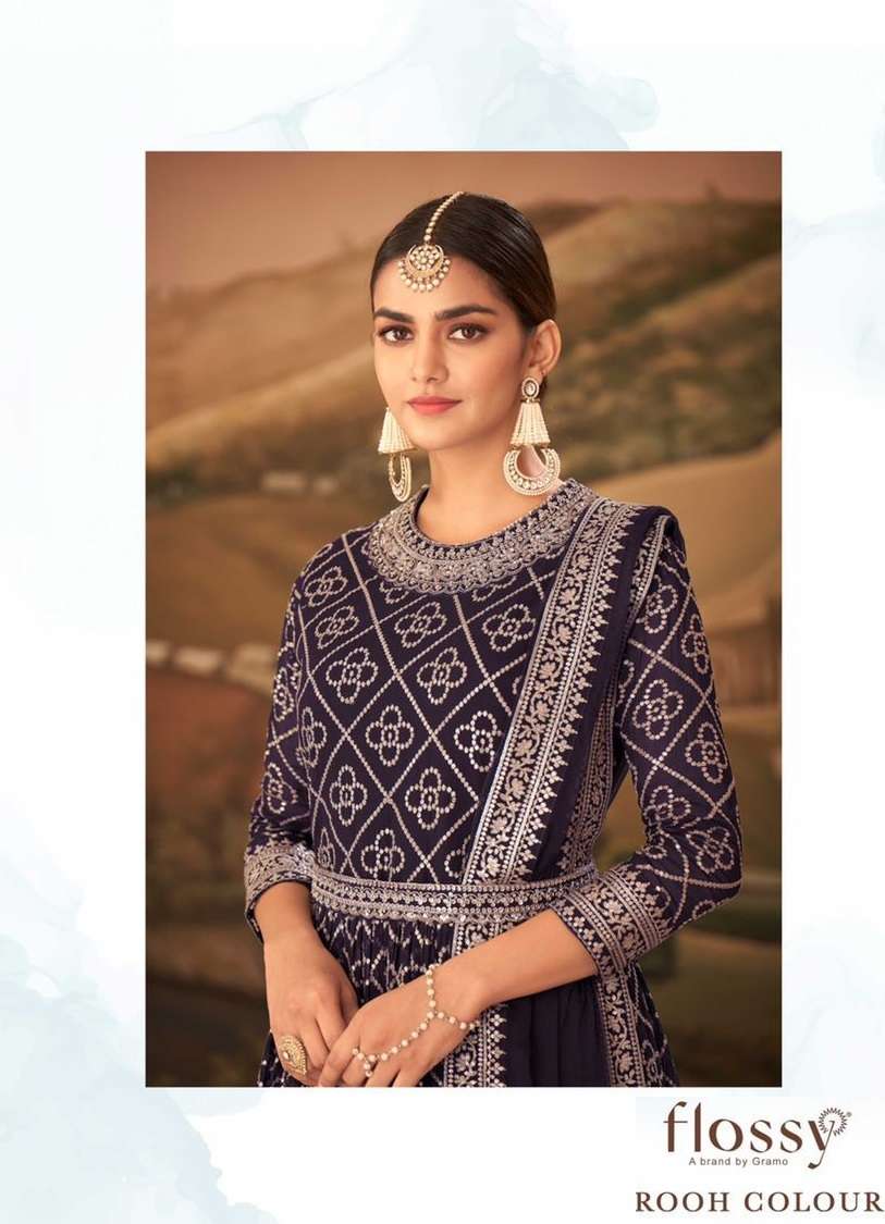 Flossy-Rooh Colour Vol 2-Heavy-Georgette-Embroidery-Work-Long-Gown-Kurti-Inner-Satin-Pant-Georgette-Dupatta-Poster
